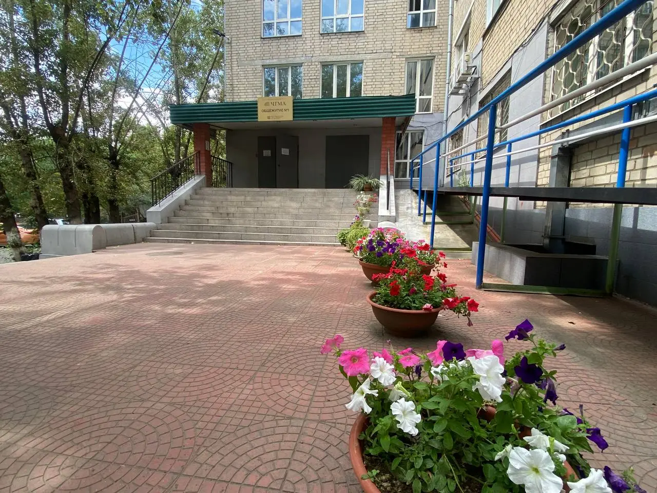 Landscaped entrance to an academy campus building